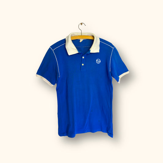 80s Sergio Tacchini Tennis Poloshirt Baumwolle Blau/Weiß S